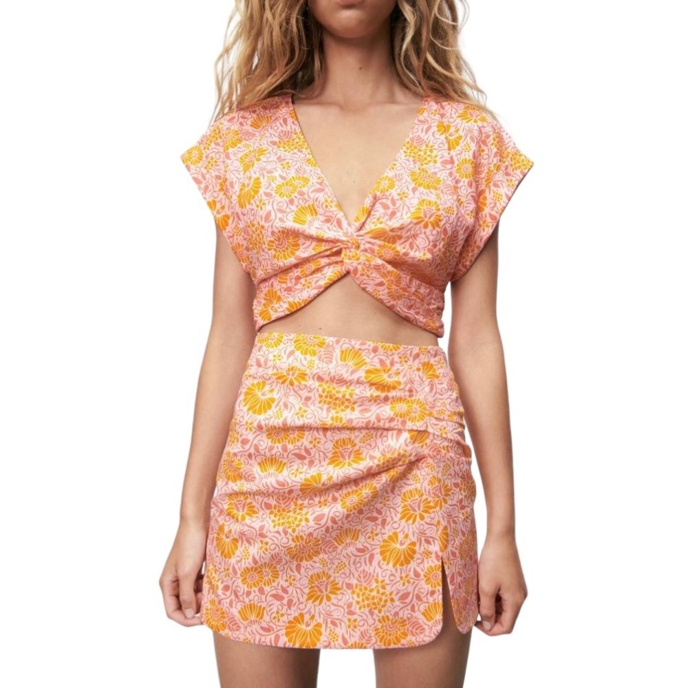 ZARA Floral Boho Linen Blend Mini Skirt Womenβs Mediumβ Pink Orange NWT
